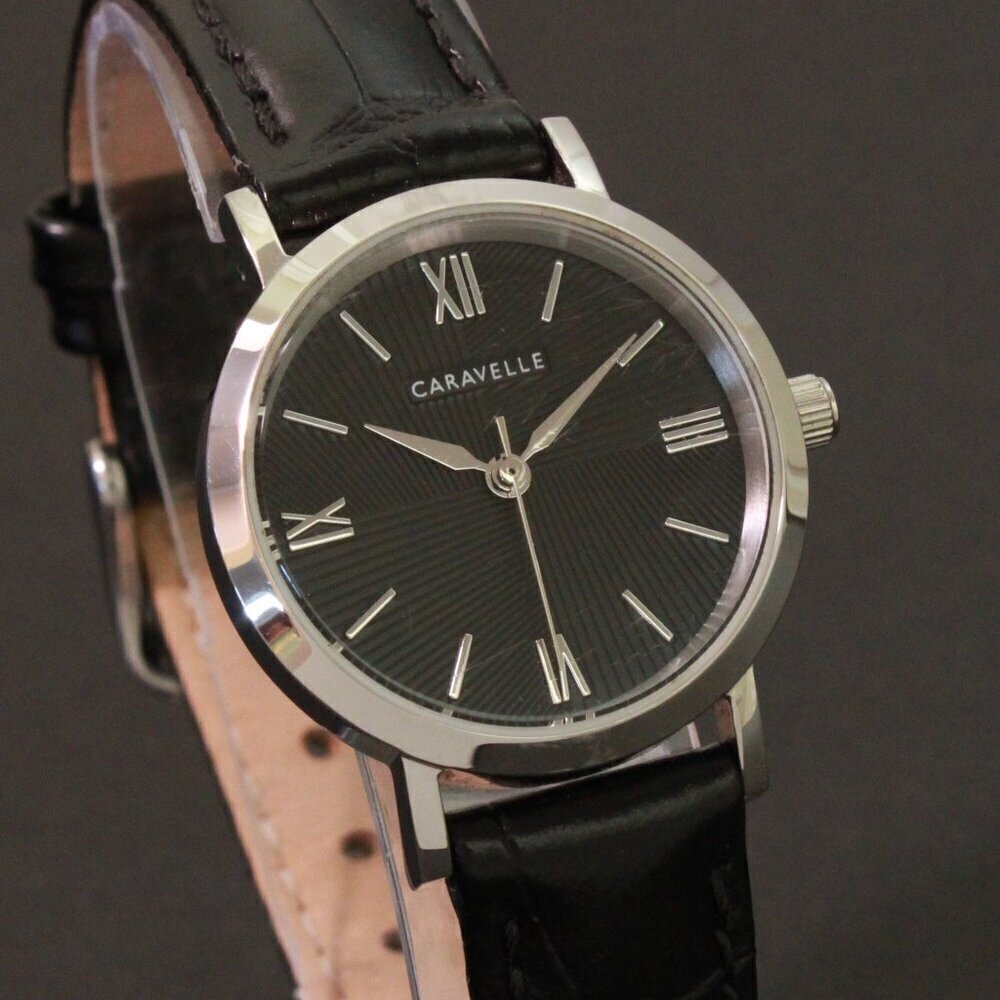 Caravelle Ladies Quartz Dress Watch By Bulova Black Textured Dial, Strap 28mm
